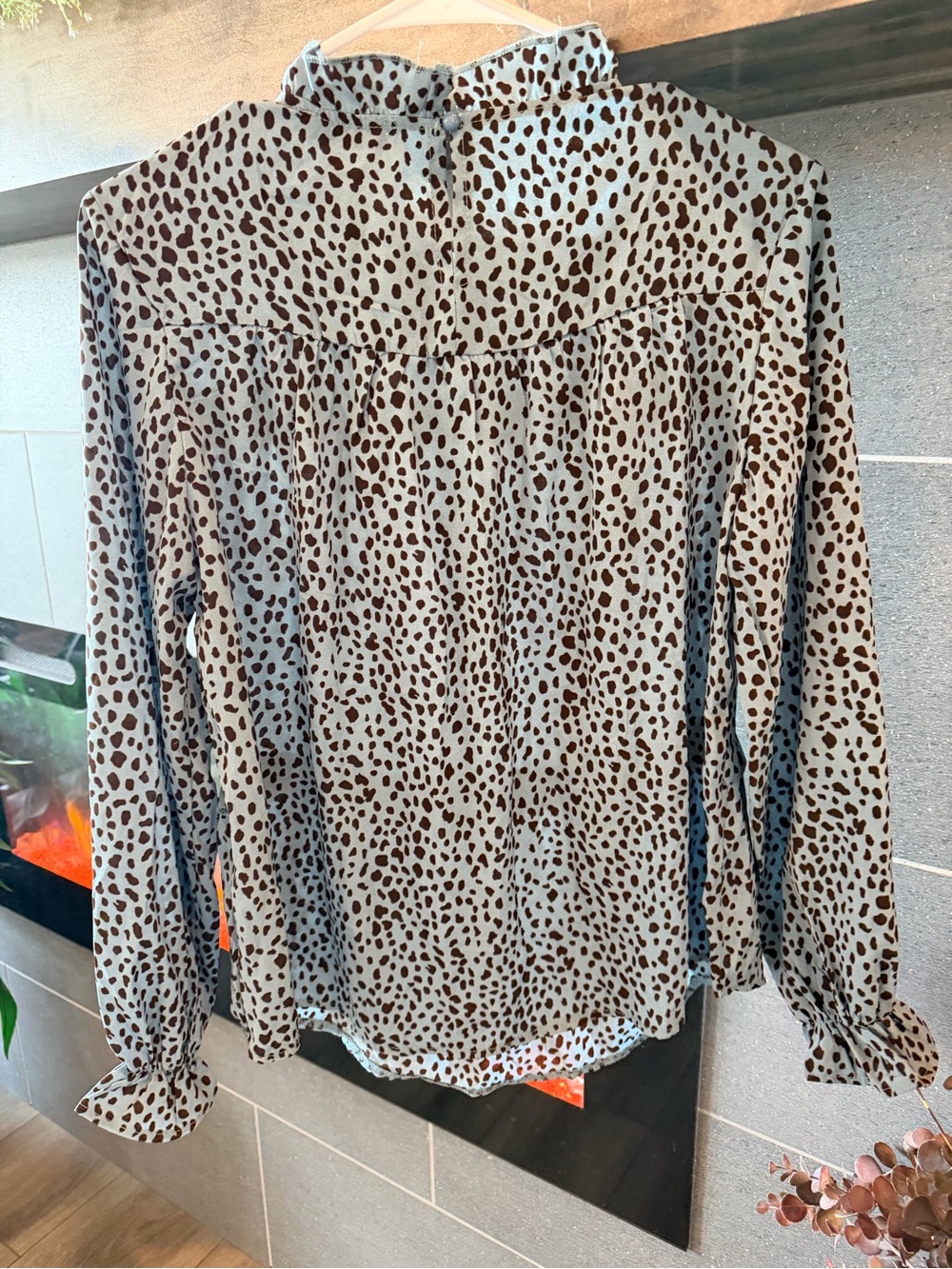 High-Neck Blue Leopard Print Ruffle Blouse - Picture 8 of 8